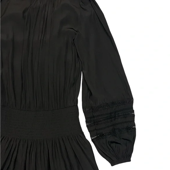 Ramy Brook Rosey Blouson Smocked Mini Dress Black Long Sleeve Tie Neck Size S - Picture 14 of 16